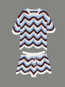 Bộ 2 món áo ngắn tay móc đan rỗng phong cách thời trang Âu Mỹ mùa xuân và quần short thường ngày cho nữ đi du lịch - Nhiều màu - Xem 6