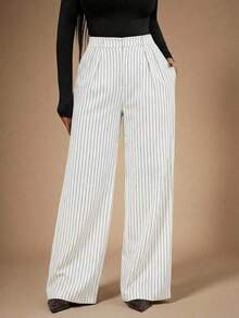 Pantalones de traje azul marino a rayas de estilo minimalista y moderno para mujer, pantalones de cintura alta, pantalones azules, pantalones a rayas, pantalones anchos de pierna ancha, pantalones casuales, pantalones de negocios, adecuados para salidas casuales, negocios, oficina, viajes y ocasiones formales - Blanco - Ver 2