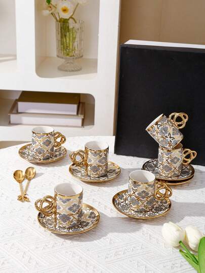 1 Set (1 taza y platillo/6 tazas y 6 platillos en 1 caja de regalo) Juego de taza de café y platillo de cerámica, apto para uso doméstico en cocina, comedor y sala de estar, taza de café americano, taza para beber agua, taza de té, taza, adecuado para uso al aire libre, bodas, fiestas, regalos, cumpleaños