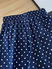 Pantalones rectos sueltos con cintura elástica, estampado de lunares y parches de encaje, adecuados para uso diario.Pantalones de lunares, pantalones con ribete de encaje, pantalones blanco y negro, pantalones de lunares blanco y negro para mujer - Azul - Ver 4