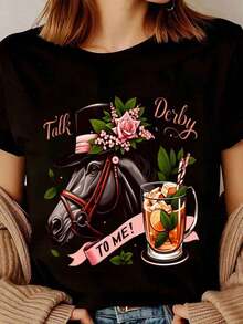 1 Pieza Camiseta Casual de Moda para Hombres y Mujeres con Estampado de Caballo con Sombrero de Flores y Coctel, Texto 'Talk Derby To Me', Manga Corta, Cuello Redondo, Top Casual de Verano, 220g. Versátil, fácil de combinar, adecuada para uso diario, estilo urbano, ropa de vacaciones, ropa de fin de semana. - Negro - Ver 6