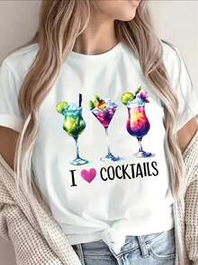 Soft, Short-Sleeved, 100% Cotton T-Shirt With An 'I Love Cocktails' Print, Perfect For Casual Outings To Bars. Lightweight And Durable, Suitable For Both Home And Restaurants, With A Vibrant Cocktail Motif, Designed For A Comfortable Adult Fit. Breathable Cotton T-Shirt That Goes With Everything. - 白色 - 查看 8