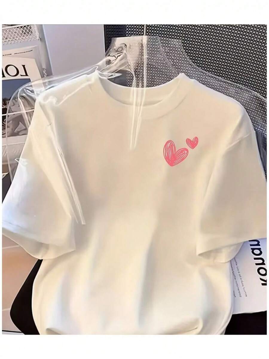 Camiseta Casual para Hombre con Estampado de CORAZONES - Cómoda Manga Corta para Verano, Tejido de Poliéster Ligero, Cuello Redondo, Lavable a Máquina, Camiseta para Uso Diario | Estilo Casual Moderno | Textura Suave - Blanco - Ver 1