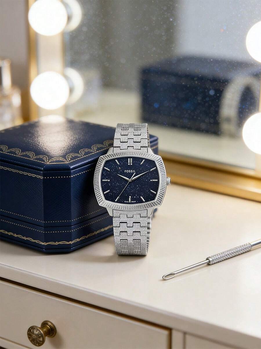 Nick Jonas X Fossil LE1216 限量版腕表，简约方形蓝宝石表盘，不锈钢表带，防水日常腕表 - 黑色 - 查看 1