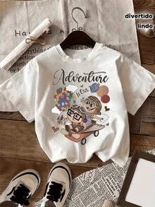 Women's Casual Short Sleeve T-Shirt With Fun Cartoon Pilot Print - "Adventure Is Out There" Design, Crew Neck, Comfortable Fit, White Top For Casual Wear, All Seasons Top | Playful Graphic Tee | Comfortable Fit - 白色 - 查看 7