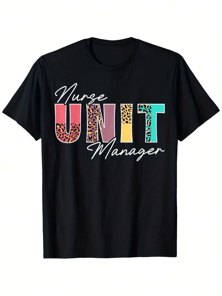 Leopard Print T-Shirt For Women And Men, For Nursing Unit Managers - Soft, Breathable, Lightweight, With Fun Graphic Design And Lettering, Unisex Sizes S-XXXL, Ideal For Nurses, For Halloween And Christmas Gifts, Casual Work Wear And Everyday Use - 黑色 - 查看 1