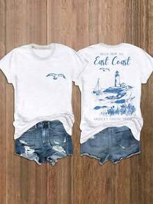 1 pieza de camiseta casual de manga corta para mujer |     Impreso con el diseño "East Coast Lighthouse", tela ligera y cómoda de 180 g, cuello redondo, corte regular, camiseta clásica para regalo. Camisetas de algodón brillante de 180 g para mujer, ropa casual de manga corta para el verano, ropa fresca de verano. - Blanco - Ver 7