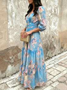 Boho Sommer elegantes lässiges blaues Blumen Maxikleid für Frauen, V-Ausschnitt, Laternärmel, Volant A-Linie Kleid für Urlaub, Feiertage, Ausgehen, Party Outfits - Blau - Übersicht 3