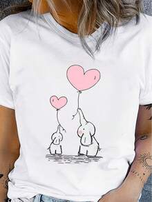 Women's Printed T-Shirt With Black And Pink Elephants Held By Balloon Hearts - Casual Short-Sleeved Crew Neck T-Shirt With A Relaxed Fit For All Seasons. Perfect For Everyday Wear And Holiday Outfits, Machine Washable. - 白色 - 查看 7
