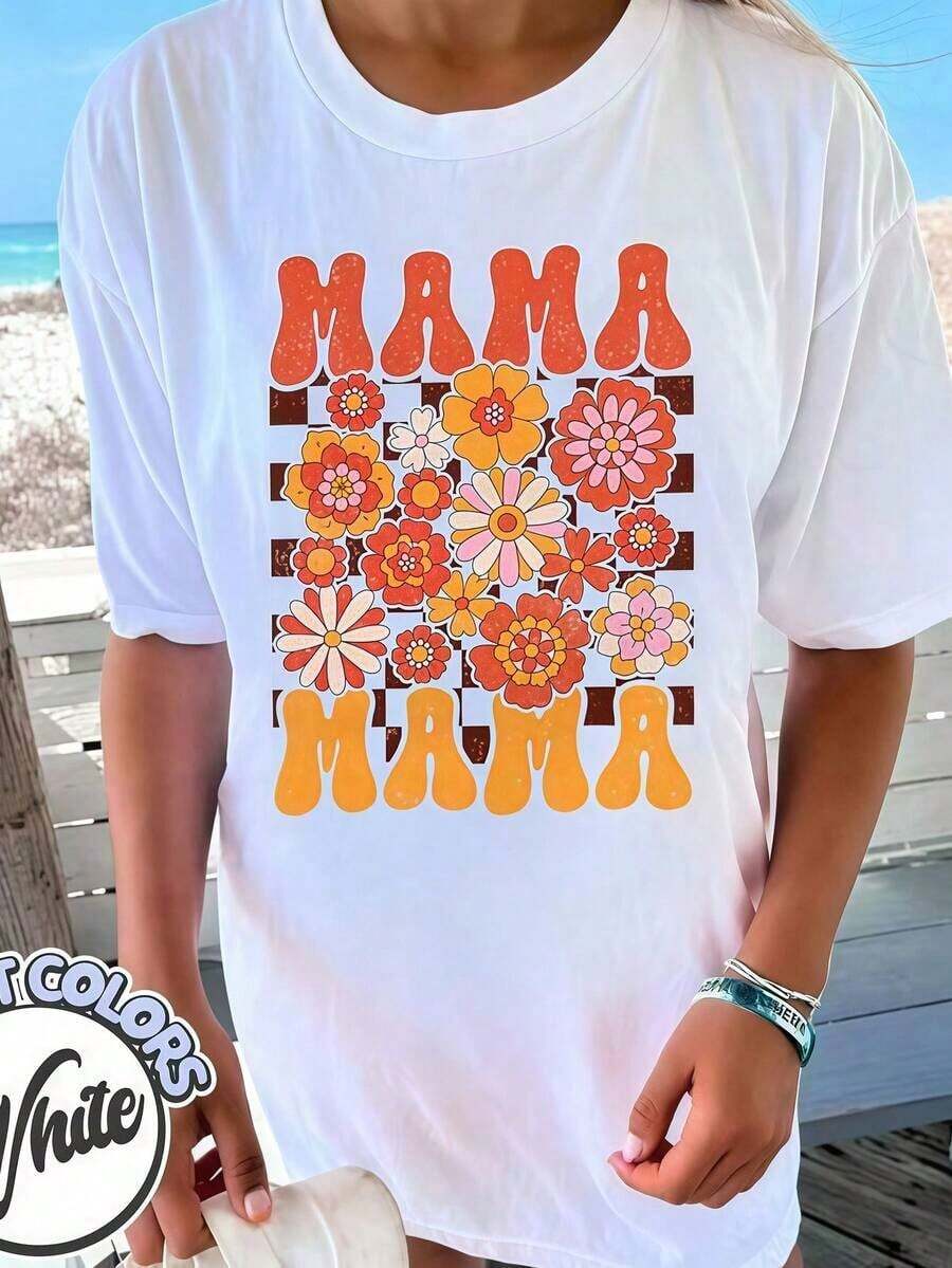 Camiseta Oversized a Cuadros para Mamá, Camiseta Floral para Mamá, Camiseta con Flores Silvestres para Mamá, Regalo para el Día de la Madre, Camiseta Estética para Mamá, Camiseta de Maternidad, Camiseta Oversized de Manga Corta de Algodón con Estampado Gráfico, Ropa de Verano para Mujer, Camiseta Oversized. - Blanco - Ver 1