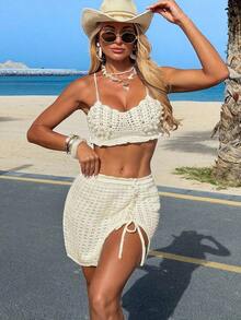 Swim Vcay Set de 2 piezas de cubrecuerpo para mujer con diseño de crochet y cuentas, tirantes finos, espalda descubierta y volantes en el bajo, ideal para vacaciones en la playa en primavera/verano - Morado - Ver 6