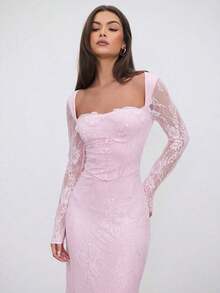 Vestido negro ajustado hasta el suelo con cuello corsé ahuecado y mangas largas con encaje en forma de S sexy para mujer para fiestas, citas y banquetes de otoño/invierno nuevo - Rosa Pálido - Ver 3