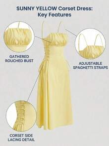 Vestido de tirantes unicolor pecho con fruncido con cordón lateral - Amarillo - Ver 4