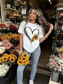 Camiseta Blanca y Negra con Estampado de Corazón de Leopardo y Girasol, Top Casual de Verano para Mujer, Camiseta de Algodón Suave con Cuello Redondo para Uso Diario - Blanco - Ver 2