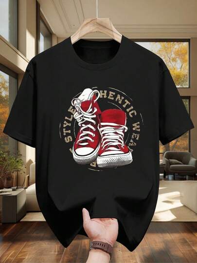 Men's Thick T-Shirt With Graphic Sneakers Print - Breathable Crew Neck Short Sleeve T-Shirt, Suitable For Skateboarding, Streetwear And Smart Casual Outfits, Suitable For All Seasons, Pairs Well With Jeans, Available In Plus Sizes (Machine Washable), Size, Loose And Comfortable.
