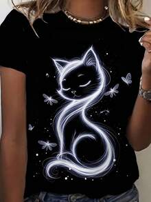 Elegant Women's T-Shirt With Cat Print - Stylish Black Crew Neck With Bright White Cat And Butterfly Design, Soft Fabric, Ideal For Casual Wear, Comfortable T-Shirt With Bright Cat Print - 黑色 - 查看 5