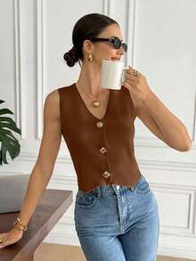 Chaleco elegante de mujer de unicolor con cuello en V sin mangas, decorado con botones metálicos, para verano, playa, vacaciones, estilo boho, tropical, casual, de oficina, de salida elegante, para la escuela y vacaciones, color albaricoque - Marrón - Ver 3