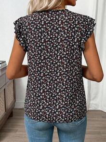 Clasi Blusa de mujer de verano con cuello en V y mangas cortas con estampado floral - Negro - Ver 3