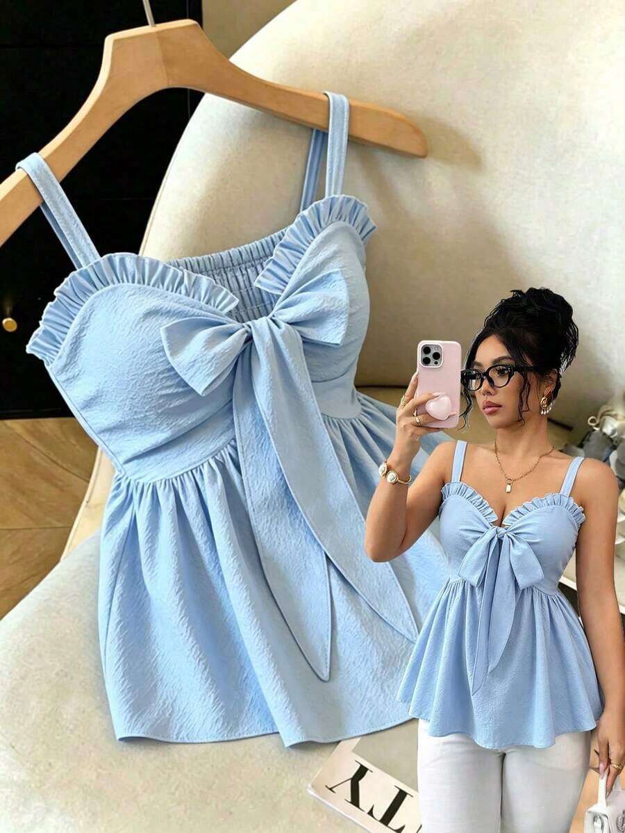 Top sin mangas casual para mujer, diseño de moda con tirantes de lazo, nudo de moño, a rayas azul y blanco, cintura ceñida, sexy y favorecedor, versátil para uso diario y citas, verano - Celeste - Ver 1