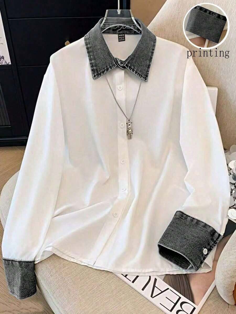 Camisa de efecto de mezclilla de parchwork casual para mujer, otoño/invierno - Gris 2 - Ver 1