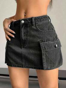 Falda vaquera de cargo de unicolor de verano para mujer - Negro 2 - Ver 1