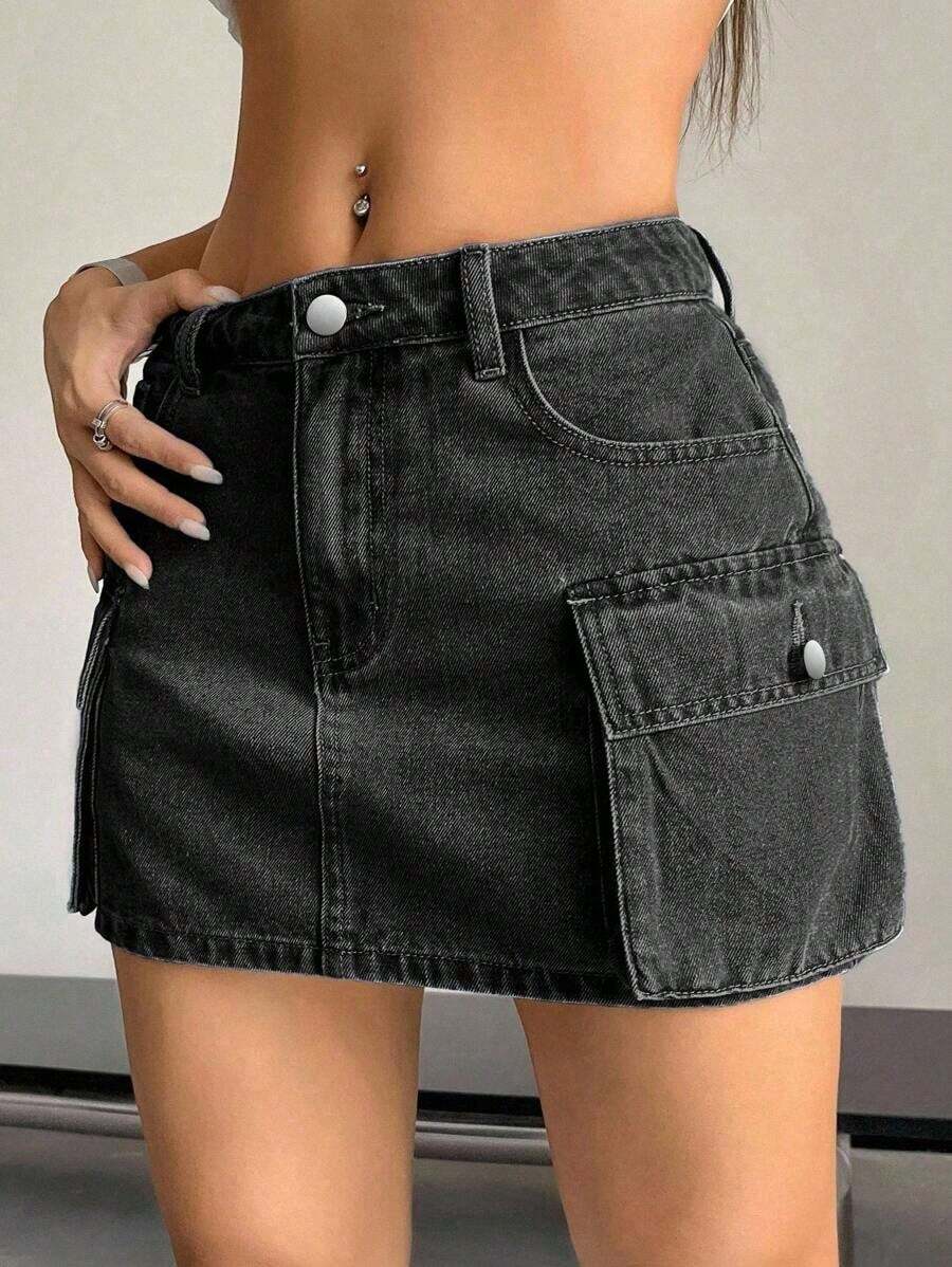 Falda vaquera de cargo de unicolor de verano para mujer - Negro 2 - Ver 1