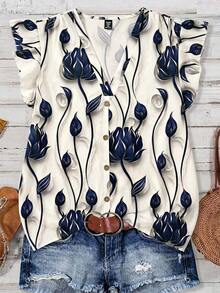 Clasi Blusa de mujer de verano con cuello en V y mangas cortas con estampado floral - Niebla azul - Ver 6