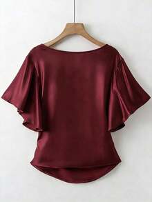 Blusa de satén elegante, blusa de manga corta, blusa de cuello en V, blusa de uso diario - Burdeos - Ver 2