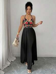 Vestido largo con abertura, escote en V, estampado floral, espalda elástica, diseño elegante y casual para uso diario, vacaciones y días festivos - Negro - Ver 7