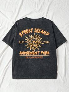 Camiseta de manga corta con cuello redondo y estampado de calaveras, estilo retro casual, ideal para uso diario y lavado regular - Negro - Ver 4
