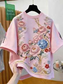 Camiseta de manga corta con cuello redondo y estampado floral, verano - Multicolor 5 - Ver 2
