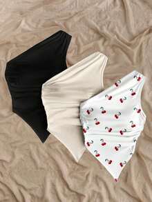 Blusa casual de unicolor con hombros oblicuos y ajustada, apropiada para el verano - Multicolor 2 - Ver 3