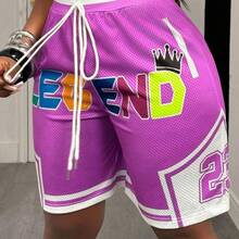 2025 Summer New College Style Ball Game Uniforms For Birthday Parties Graduation Season Students Wear Daily Street Basic Versatile Casual Popular Online Ball Game Shorts Straps Letter Print Mesh Semi-Transparent Women's Shorts,High Waisted Shorts - Multicolor - Ver 2