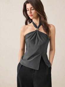 Top con cuello de halter, diseño de botón de metal verde, abertura lateral, elegante y chic para uso urbano y diario, estilo romántico retro de los 90.Adecuado para Navidad, Año Nuevo, San Valentín, fiestas, playa, graduación, moda, carnaval, bod - Gris - Ver 1