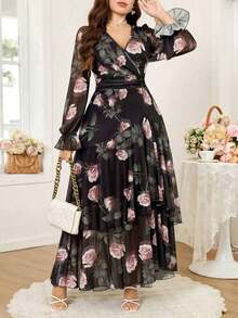 Reflora Nuevo vestido largo de mujer de talla grande con estampado floral, volantes en el bajo, cintura ceñida y alta elasticidad, vestido de otoño, vestido con volantes, vestido floral - Multicolor - Ver 2
