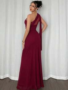 Vestido maxi ajustado de estilo elegante y romántico con cuello asimétrico, adecuado para fiesta, vacaciones en la playa, vuelta al colegio, citas románticas, temporada de bodas, cumpleaños, Pascua, primavera/verano - Burdeos - Ver 5