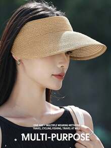Women's Wide Brim Foldable Ponytail Straw Hat, Portable Beach/Sun Protection Hat For Summer - Multicolor - View 7