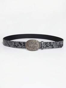 1pc Women's Engraved Metal Buckle Vintage Black & White Distressed Floral Pattern PU Leather Belt, Western Style Suitable For Commuting - Black and White - View 4