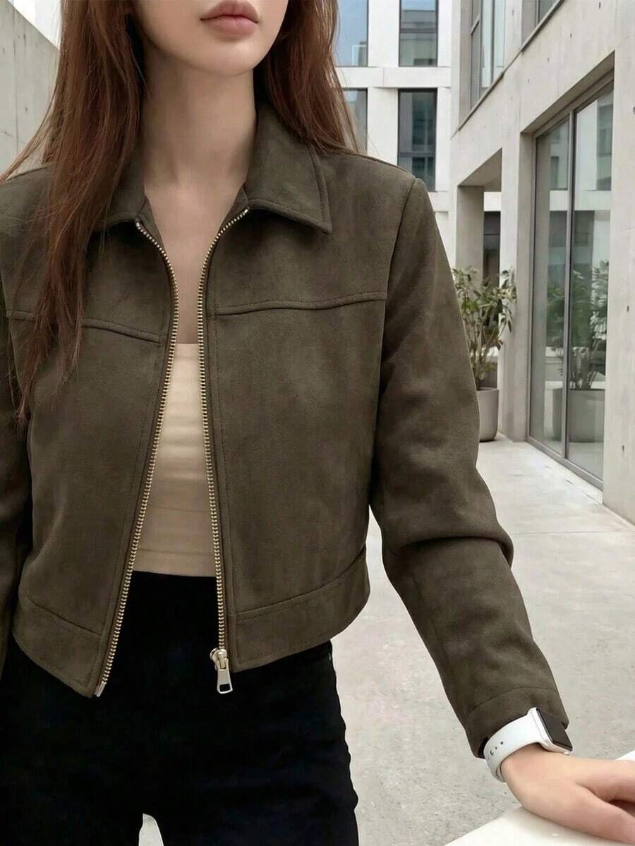 Chaqueta de mujer de unicolor con cuello vuelto y cremallera, de manga larga, adecuada para uso diario, escuela y aeropuerto, primavera/otoño, color negro - Caqui - Ver 1