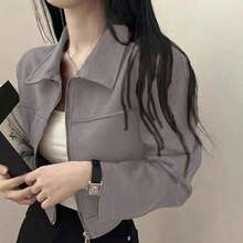 Chaqueta de mujer de unicolor con cuello vuelto y cremallera, de manga larga, adecuada para uso diario, escuela y aeropuerto, primavera/otoño, color negro - Gris - Ver 3