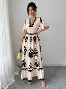 Vestido largo con mangas cortas, cintura fruncida y cinturón con estampado floral para mujeres - Multicolor 2 - Ver 4
