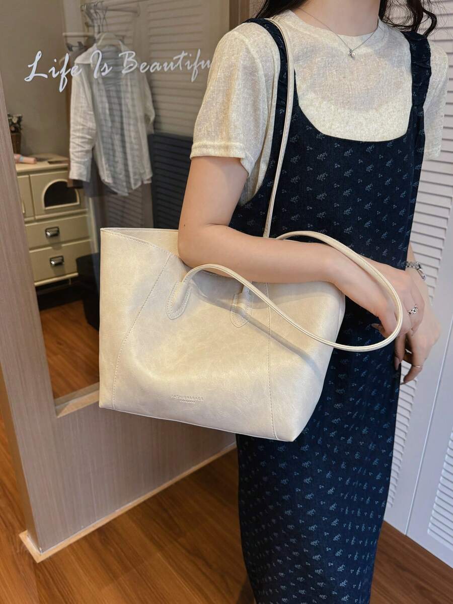 Túi xách tay cao cấp phong cách retro tối giản mới, dung tích lớn, đa năng dùng cho công sở và đi làm. - Màu be - Xem 1
