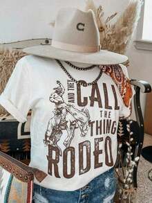 Women's Cotton T-Shirts Women's Cotton T-Shirts Women's Pure Cotton T-Shirt With Denim Print - "There's Nothing But The Rodeo" Design, Casual Loose Fit, Breathable And Comfortable, Perfect For Spring And Summer, Casual Wear | Country Fashion | Breathable And Comfortable Shirt With Eye-Catching Print - 白色 - 查看 7