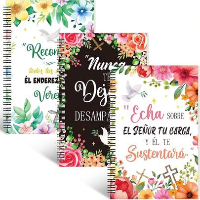 Resurhang 3 Pack Spanish Christian Notebooks For Women 4 X 6 Inches Floral Cross Religious Spiral Bible Verse Journaling Notebook Christmas Christian Gift Office Supplies (Elegant Style)