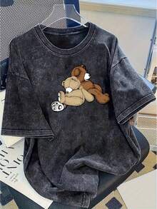 Una camiseta estampada con diseño moderno, de alta calidad, de algodón puro, de marca retro de moda, camiseta para mujer, popular para uso diario, regalo para las vacaciones, el obsequio perfecto - Camiseta de algodón lavado de 230g. - Negro - Ver 2