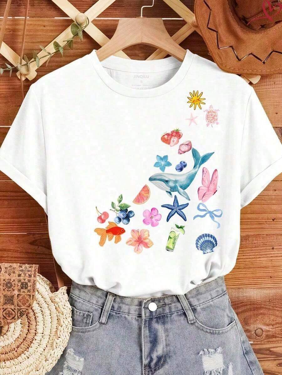 Women's Casual Short Sleeve T-Shirt, Cotton Blend, With 'Chasing The Horizon' Car Print, Round Neck, Regular Length - 風格 - 查看 1