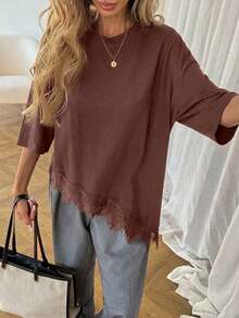 Camiseta de mujer de manga corta con estampado de leopardo, parche de encaje, bajo asimétrico, adecuada para vacaciones de verano, ir al trabajo y uso diario - Marrón 2 - Ver 3