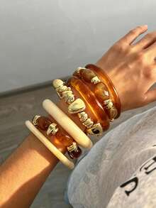 7pcs/Set Vintage Elegant Bohemian Summer Vacation Style Asymmetrical Amber Tiger Eye Beaded Elastic Bracelet Set, Luxury Gradient Resin Bracelets, Versatile Jewelry Accessories Suitable For Women, Beach, Party, Dating, Birthday, Gift - Multicolor - View 2