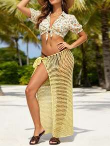 Falda Pareo de Playa de Crochet Tropical - Cubierta de Malla con Amarre y Abertura Alta - Amarillo - Ver 6