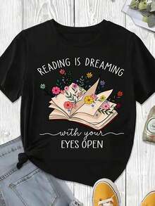 Camiseta Casual para Mujer con Estampado Floral de Libros y la Frase "Leer es Soñar con los Ojos Abiertos", Blanca, para Verano, Ideal para Relajarse en Casa y Leer. - Negro - Ver 3